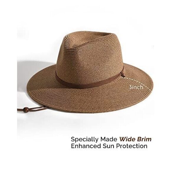 WOMENS SUMMER STRAW SUN HATS WIDE BRIM PANAMA FEDORA BEACH HAT WITH WIND LANYARD main image 5